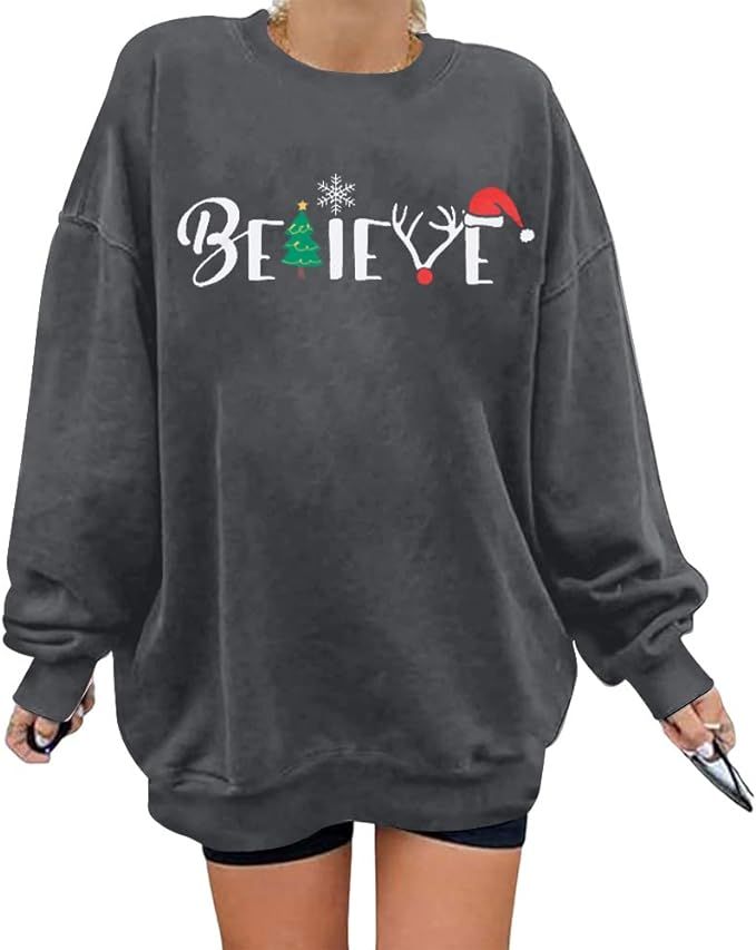 Womens Believe Sweatshirt Merry Christmas Oversized Sweatshirt Casual Plaid Raglan Long Sleeve Pu... | Amazon (US)