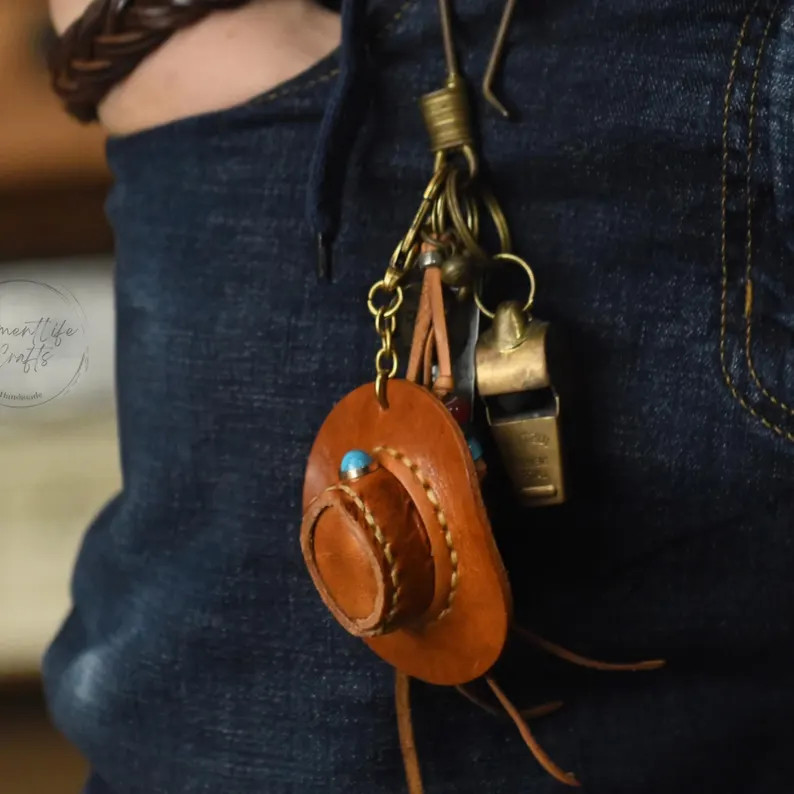 Handmade Leather Cowboy Hat Keychain: Western Charm with Turquoise | Etsy (Global)