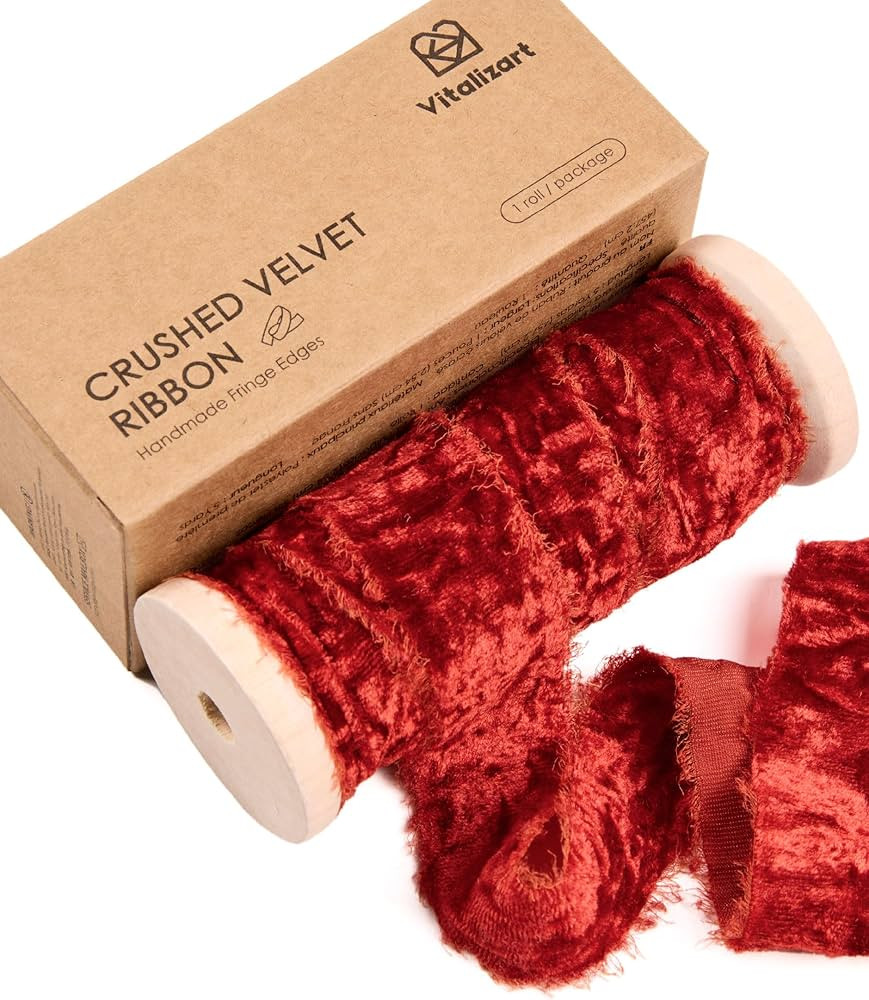 Vitalizart Rust Red Velvet Ribbon 1" Christmas Handmade Frayed Edges Glossy Ribbon for Gift Wrapp... | Amazon (US)