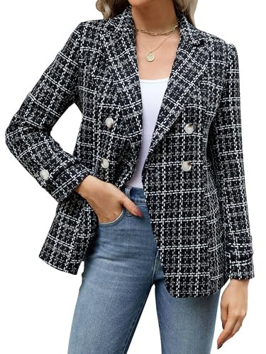 Tweed Plaid Blazer for Women - Double-Breasted Suit Blazer Jacket Casual Boyfriend Style Work Office Blazer with Pockets Black Plaid Medium | Amazon (US)