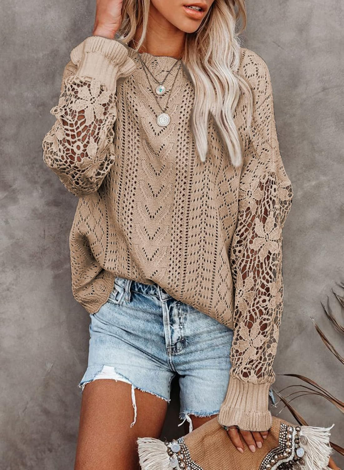 AlvaQ Women Lace Crochet Long Sleeve Crewneck Sweaters Winter Knit Pullover Jumper Tops | Amazon (US)