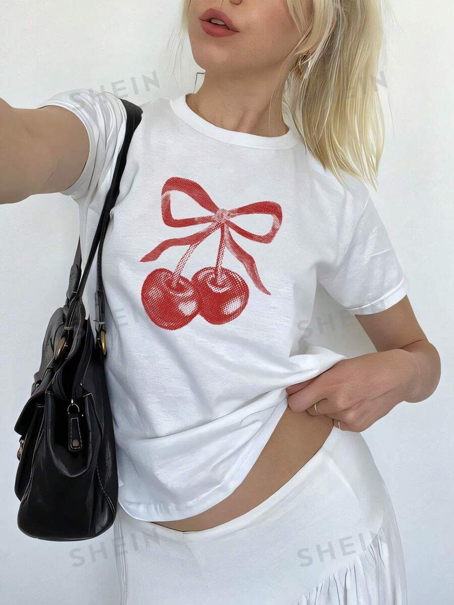 SHEIN EZwear Cherry And Bowknot Printed Regular T-Shirt | SHEIN