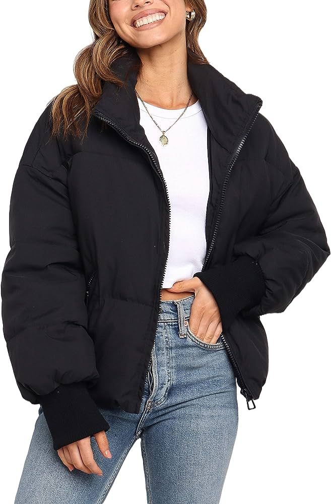 LianLive Womens Cropped Puffer Jacket Oversized Black Short Puffy Winter Coat | Amazon (US)