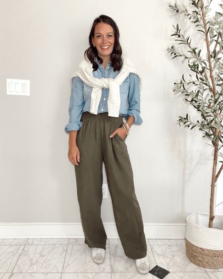 Teacher outfits - fall outfits - j crew factory chambray shirt (true to size wearing a small), Nordstrom wide leg pants (true to size to big wearing a small), amazon sweater (true to size) sneakers (true to size) 

#LTKunder50 #LTKSeasonal #LTKworkwear