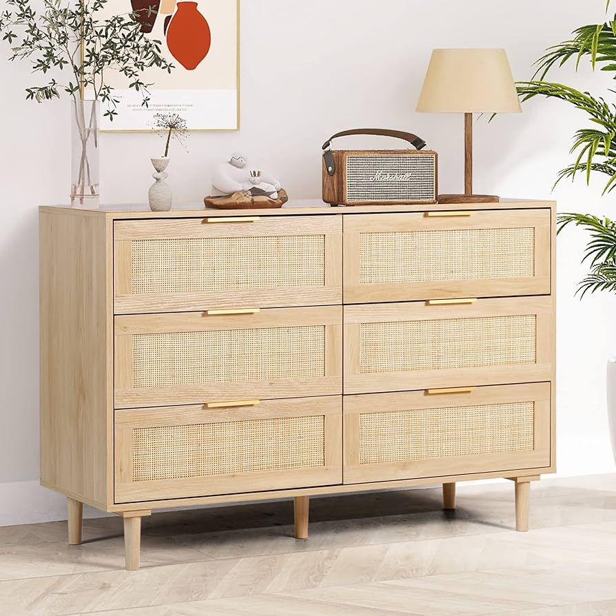 6 Drawer Dresser Rattan Dresser Modern Chest with Drawers,Wood Storage Closet Dressers Chest of D... | Amazon (US)