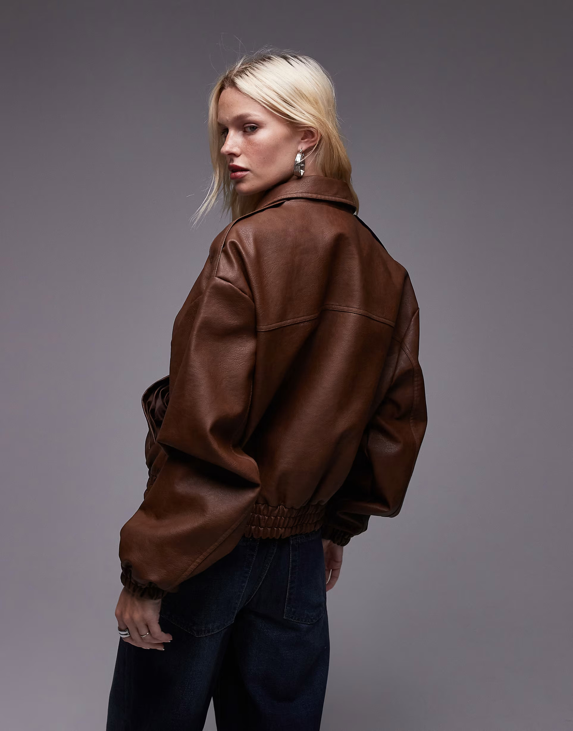 Topshop faux leather oversized bomber jacket in brown | ASOS (Global)