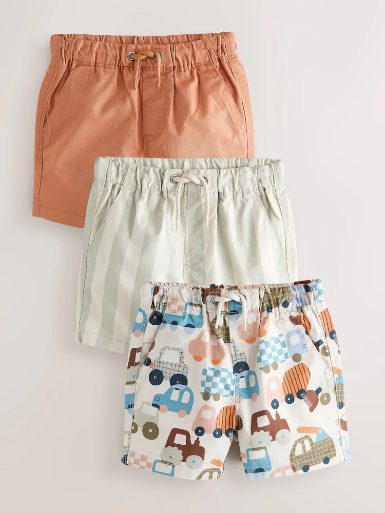 Rust Orange/Stripe/Transport Pull On Shorts 3 Pack (3mths-7yrs) | Next US