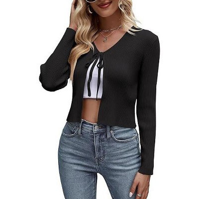 Coolmee Women's Tie Front Cardigan Long Sleeve Rib Knit Shrug for Dress Sweaters Crop Tops Black S | Target