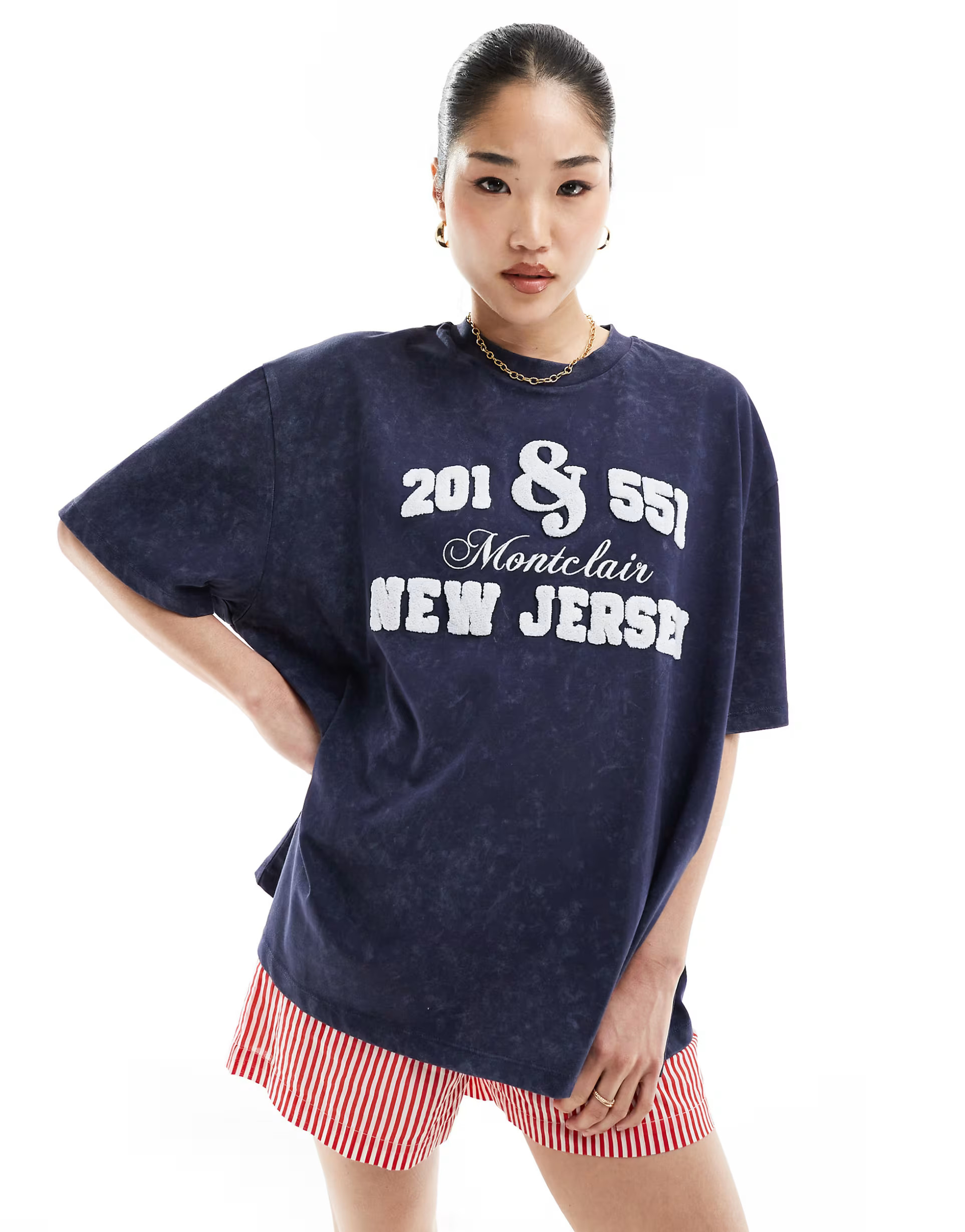 ASOS DESIGN oversized t-shirt with new jersey chenille graphic in blue grey | ASOS (Global)