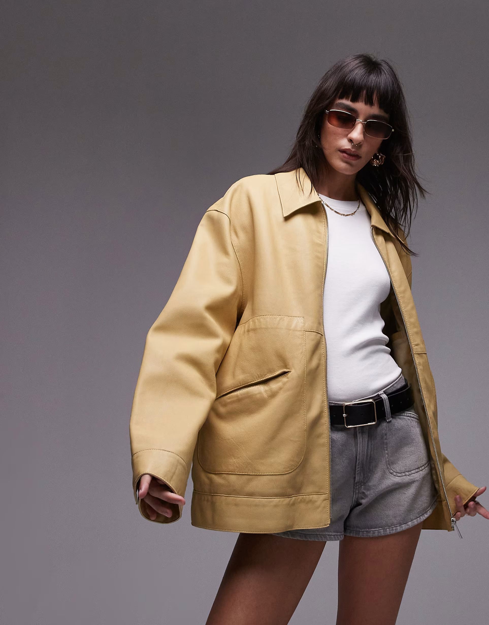 Topshop premium real leather harrington jacket in yellow | ASOS (Global)