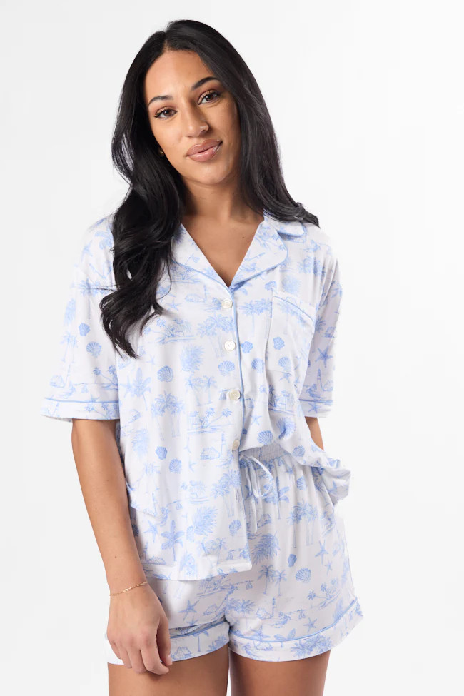 Under the Stars Blue Coastal Toile Short Sleeve Pajama Top SALE | Pink Lily