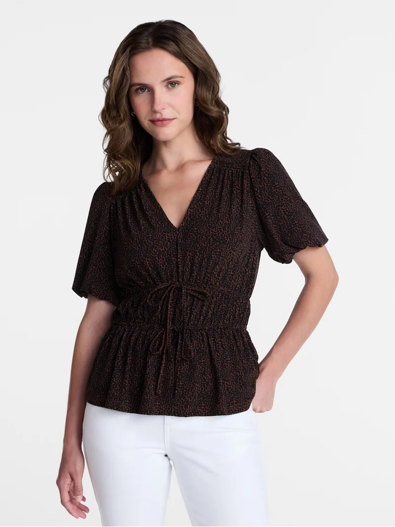 Time and Tru Women's and Women's Plus V Neck Shirred Peplum Top, Sizes XS-XXXL | Walmart (US)