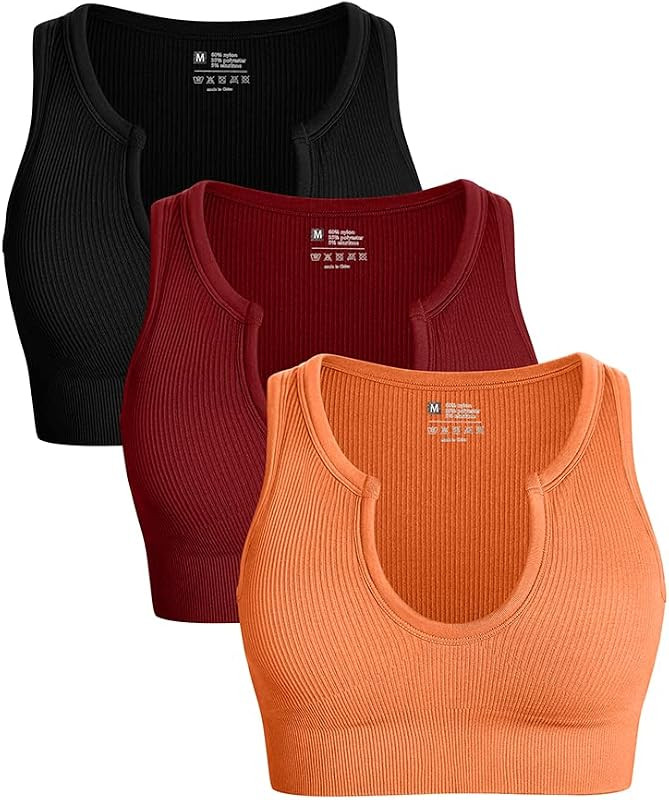 OQQ Women's 3 Piece Medium Support Crop Top Seamless Ribbed Removable Cups Workout Yoga Sport Bra | Amazon (US)