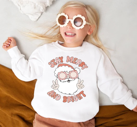Christmas Sweatshirt for Kids Stay Merry and Bright Santa - Etsy | Etsy (US)