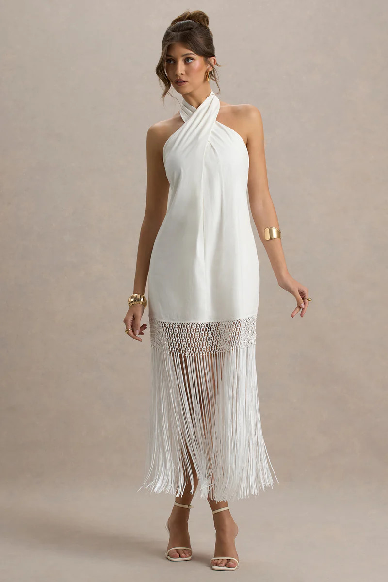 Fiametta | Ecru Linen Halter-Neck Fringe Maxi Dress | Club L London