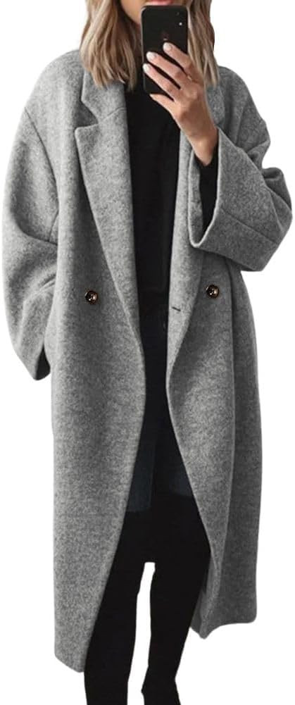 chouyatou Women's Winter Double Breasted Wool Coat Long Sleeve Notch Lapel Long Trench Coat | Amazon (US)