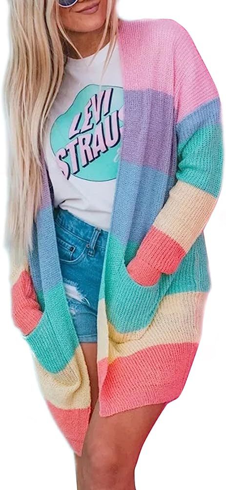 ZESICA Women's Long Sleeve Rainbow Color Block Open Front Drape Oversized Knitted Sweater Cardiga... | Amazon (US)