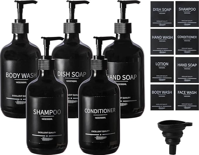(5Pack) Black Shower Bottles Refillable with Labels, 16.9oz Reusable Shampoo and Conditioner Bott... | Amazon (US)