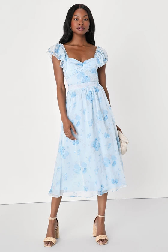 Loveliest Darling Light Blue Floral Ruffled Tie-Back Midi Dress | Lulus
