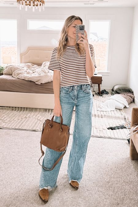 This tee is THE PERFECT FIT! Comes in solid colors and other striped colors too! This purse would make such a great Mother’s Day gift idea that she’d actually use constantly! And these jeans were $36 and perfection 👏🏼 wearing the long length and I’m 5’8"

#LTKfindsunder50 #LTKstyletip #LTKSeasonal