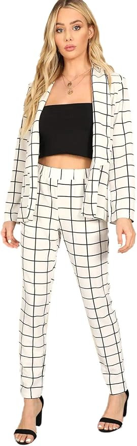 SheIn Women's Two Piece Plaid Open Front Long Sleeve Blazer and Elastic Waist Pant Set Suit | Amazon (US)