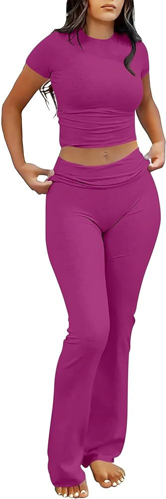 ANRABESS 2 Piece Sets for Women Lounge Loungewear Sets Foldover Yoga Flare Leggings Pants and Cro... | Amazon (US)