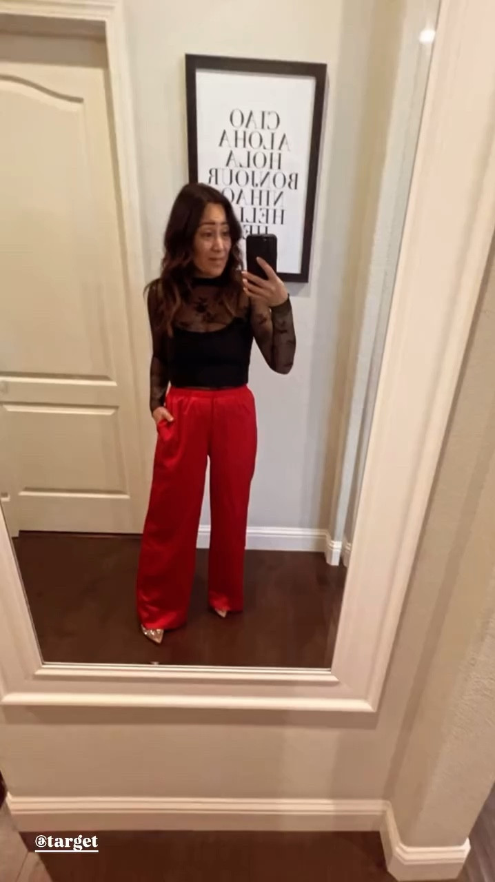 Target Holiday Outfit. The pants are the perfect bold, festive red, and short length for my height.

For reference:
I’m 5’1, 110lbs, size 24 bottoms, xs/small tops.

I’m wearing: Size xs pants, size large 10/12 (kids) lace top, small cami.

#LTKFindsUnder50 #LTKSeasonal #LTKHoliday