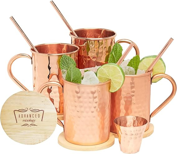 Advanced Mixology Moscow Mule Copper Mugs Gift Set - 100% Pure Copper, 16 Ounce Set of 4 Stylish ... | Amazon (US)