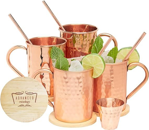 Advanced Mixology Moscow Mule Copper Mugs Gift Set - 100% Pure Copper, 16 Ounce Set of 4 Stylish ... | Amazon (US)