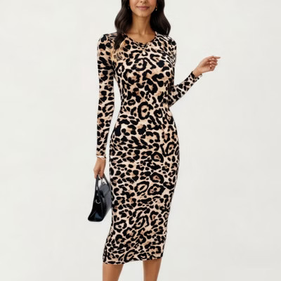Anna-Kaci Women's Long Sleeve Leopard Print Bodycon Midi Dress with Crew Neck and Stretch Fit - X Large, Brown | Target