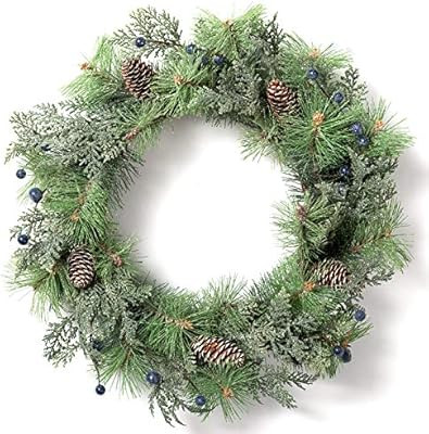 LOHASBEE Artificial Christmas Wreath, 22" Pine Cone Grapevine Flocked Glitter Wreath with Blue Be... | Amazon (US)
