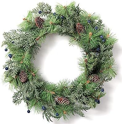 LOHASBEE Artificial Christmas Wreath, 22" Pine Cone Grapevine Flocked Glitter Wreath with Blue Be... | Amazon (US)