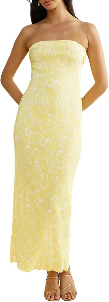 Women's Strapless Tube Tops Dress Sleeveless Hollow Out Skinny Long Dress Solid Casual Off Should... | Amazon (US)