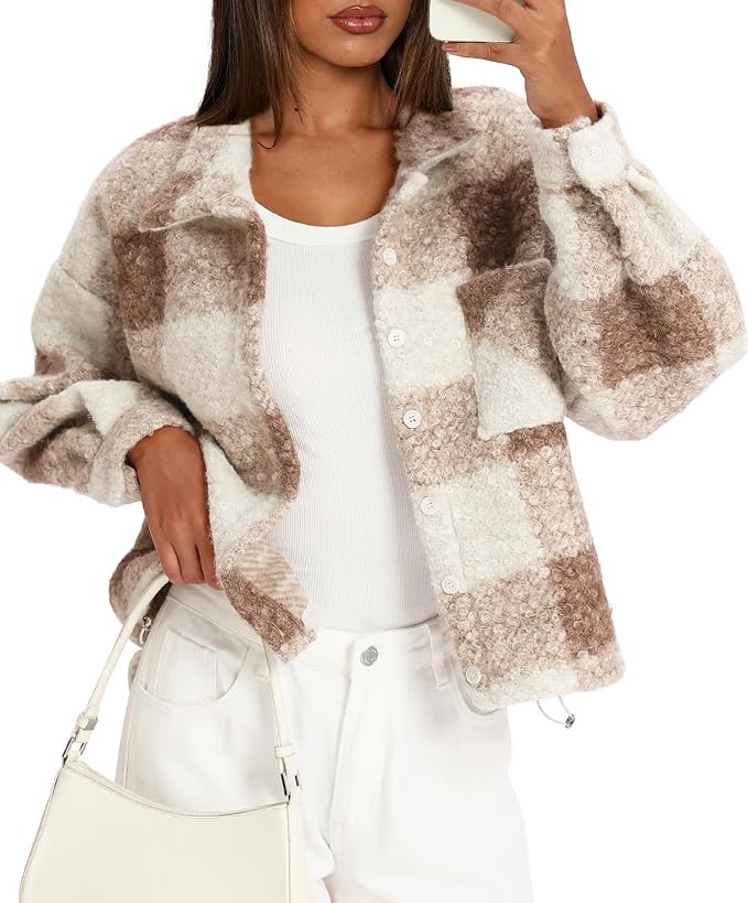 Darong Women's Cropped Fuzzy Fleece Jacket Button Down Plaid Leopard Jackets 2025 Fall Winter Sof... | Amazon (US)