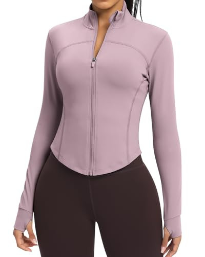 colorskin Women's Lightweight Zip Up Workout Jackets Yoga Cropped Running Gym Track Athletic Jacket with Thumb Holes(Dusty Rose,XXL) | Amazon (US)