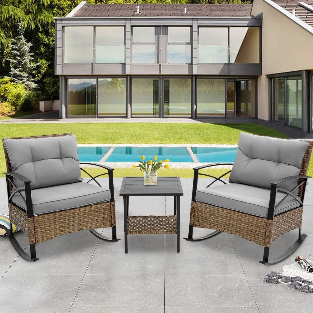 3 Piece Patio Rocking Bistro Set, PE Rattan Rocking Chairs Set of 2 and Steel Side Table, Outdoor... | Walmart (US)