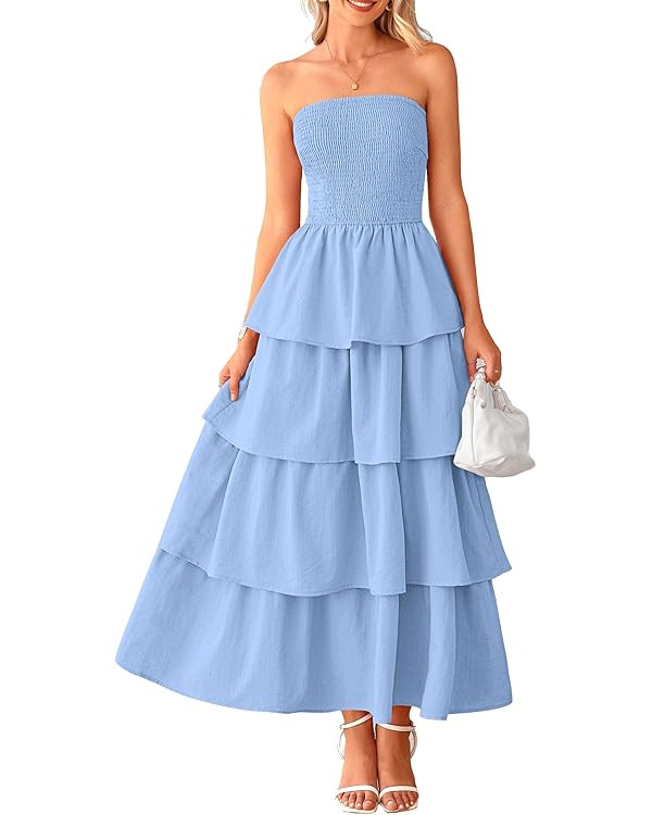 PRETTYGARDEN Women's Maxi Dress 2025 Summer Off Shoulder Smocked Tiered Ruffle Long Flowy Dresses... | Amazon (US)