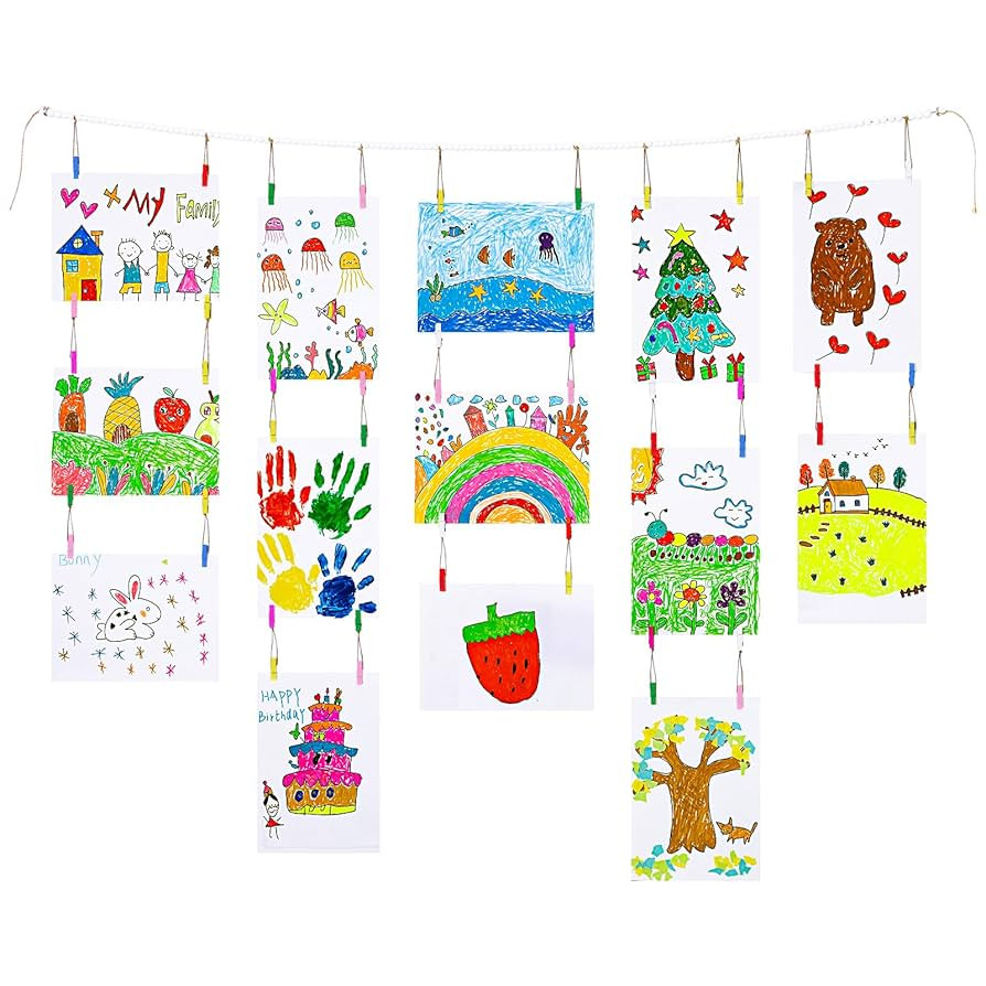 KLOGTSIND Kids Art Display Wall Decor, Wooden Beads Garland Frame Holder with 34 Clips for kids a... | Amazon (US)