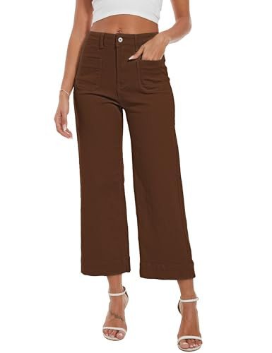 DAOAO Brown Pants Women Wide Leg Jeans Woman Cropped Teacher Pants High Waisted Stretchy Trendy M | Amazon (US)