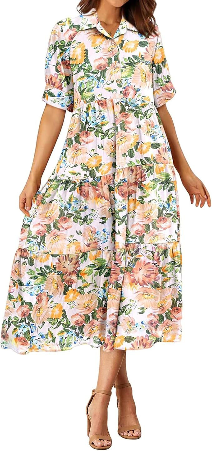 Women's Dresses Casual Short Sleeve V Neck Maxi Dress Buttons Tiered Ruffle A Line Swing Dresses ... | Amazon (US)