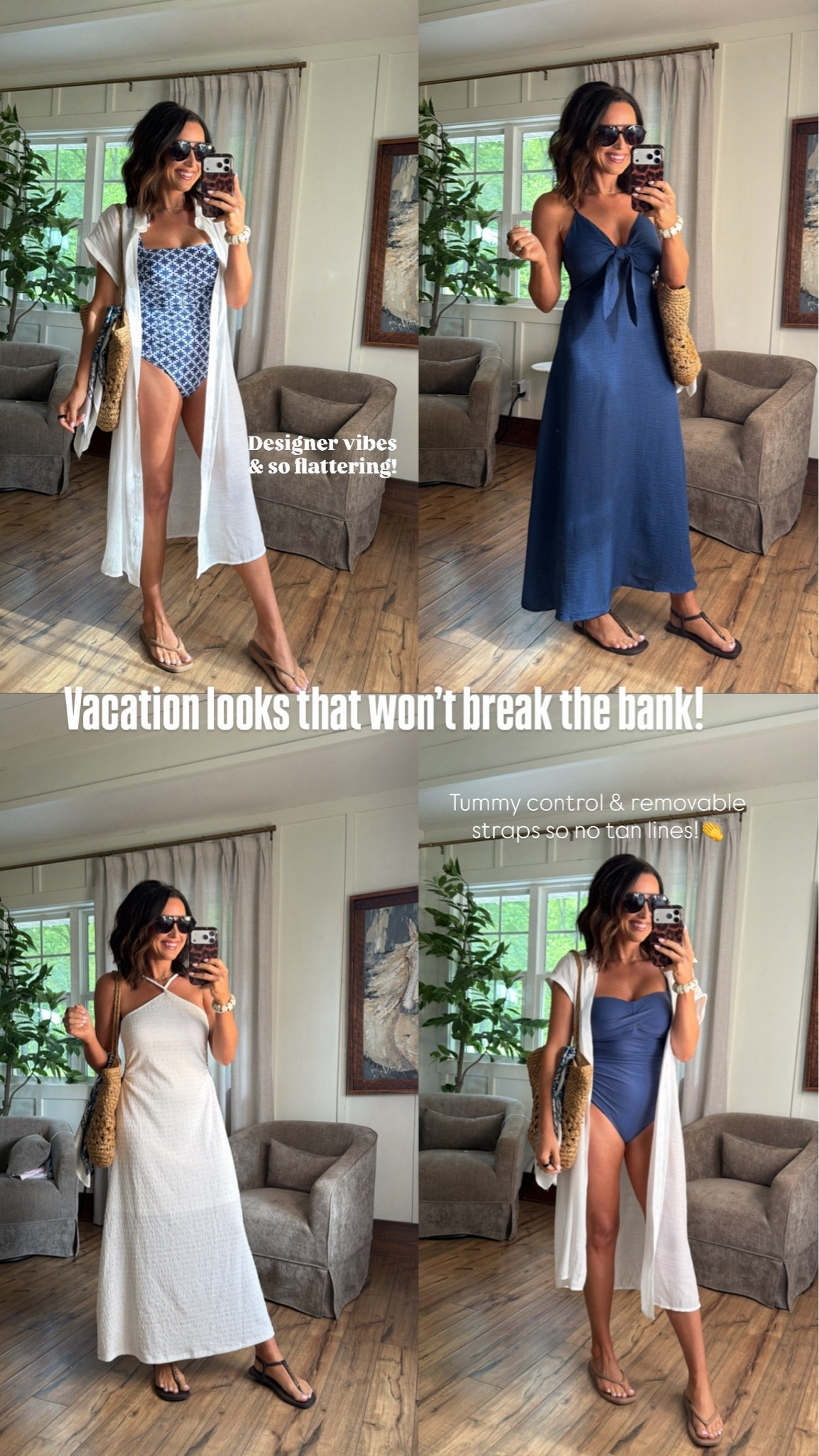 Vacation outfits that look designer without the designer price 👏☀️ I found SO many good affordable pieces that are flattering, lightweight, and perfect for beach trips or summer vacations. From the swimsuits to the dresses, everything feels easy to mix and match and honestly looks way more expensive than it is. 

Obsessed with the navy tones, flowy coverups, and the swimsuits especially — supportive, flattering, and so comfortable. These are the kind of vacation pieces you’ll wear on repeat all summer long ✨

Size XS, 5’3 for reference