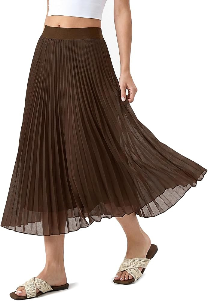 QINSEN Women's Elegant Flowy Pleated Chiffon Skirts Summer A-line Swing Midi Skirts Casual Elasti... | Amazon (US)