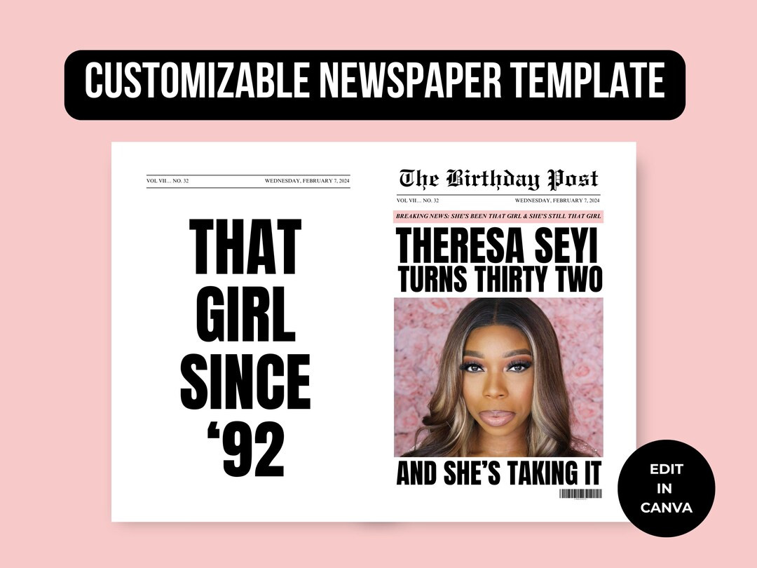 Canva Birthday Newspaper Template Digital File: 1 Photo, Back Text | Etsy (US)