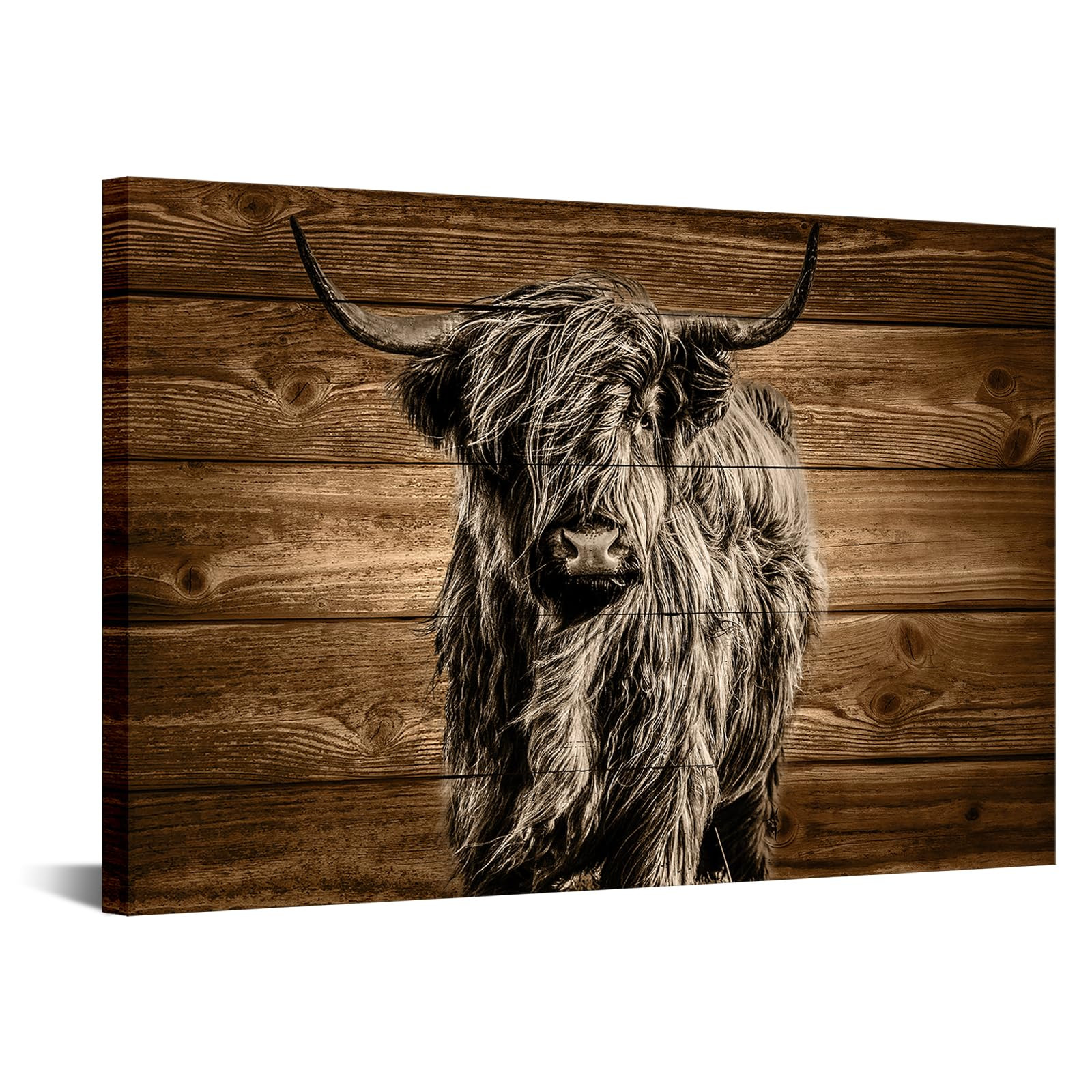 KREATIVE ARTS Highland Cow Wall Art Canvas Sepia Longhorn Cattle Painting Vintage Wood Background... | Amazon (US)