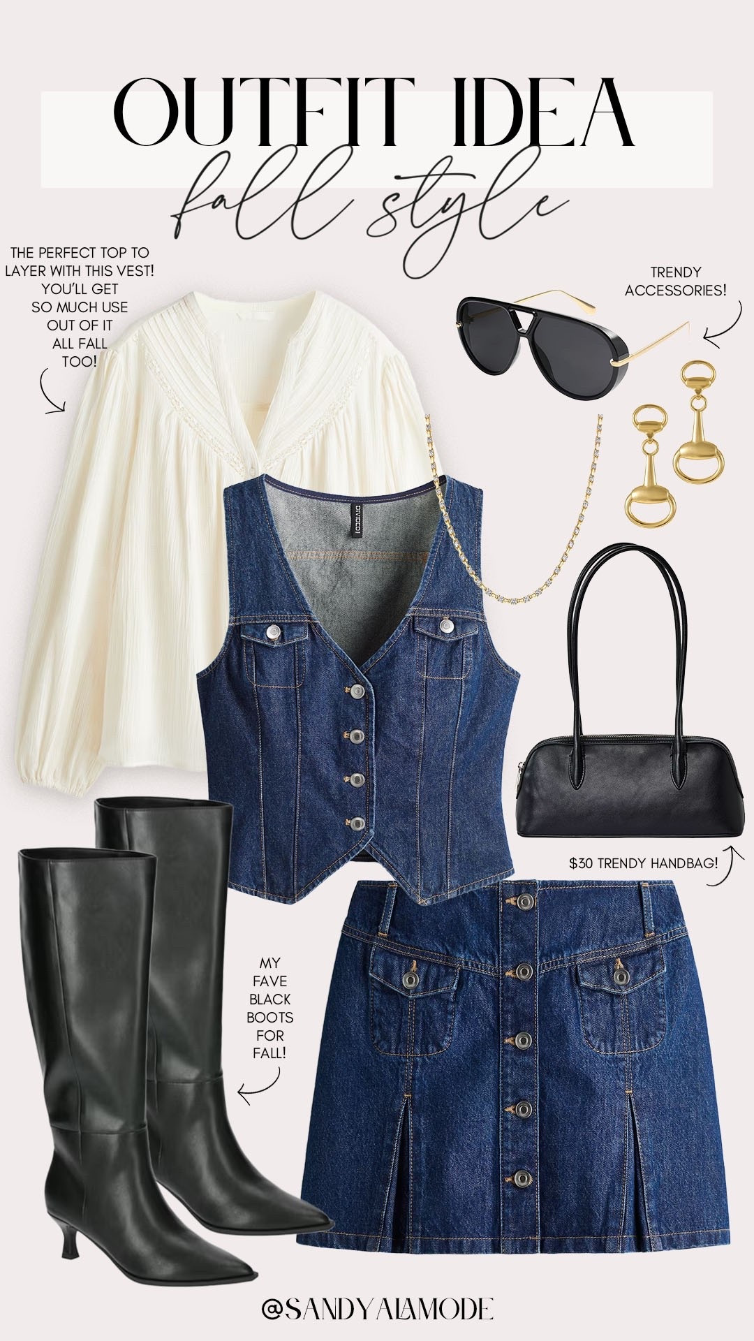 Chic fall style. Trendy fall style. Elevated fall outfit. Denim on denim outfit. Denim skirt. Denim vest. H&M new arrivals. White lace fall top. Walmart fashion. Walmart black fall boots. Target fashion. Target trendy fall handbag. Neutral fall outfit idea  

#LTKStyleTip #LTKSeasonal #LTKFindsUnder100