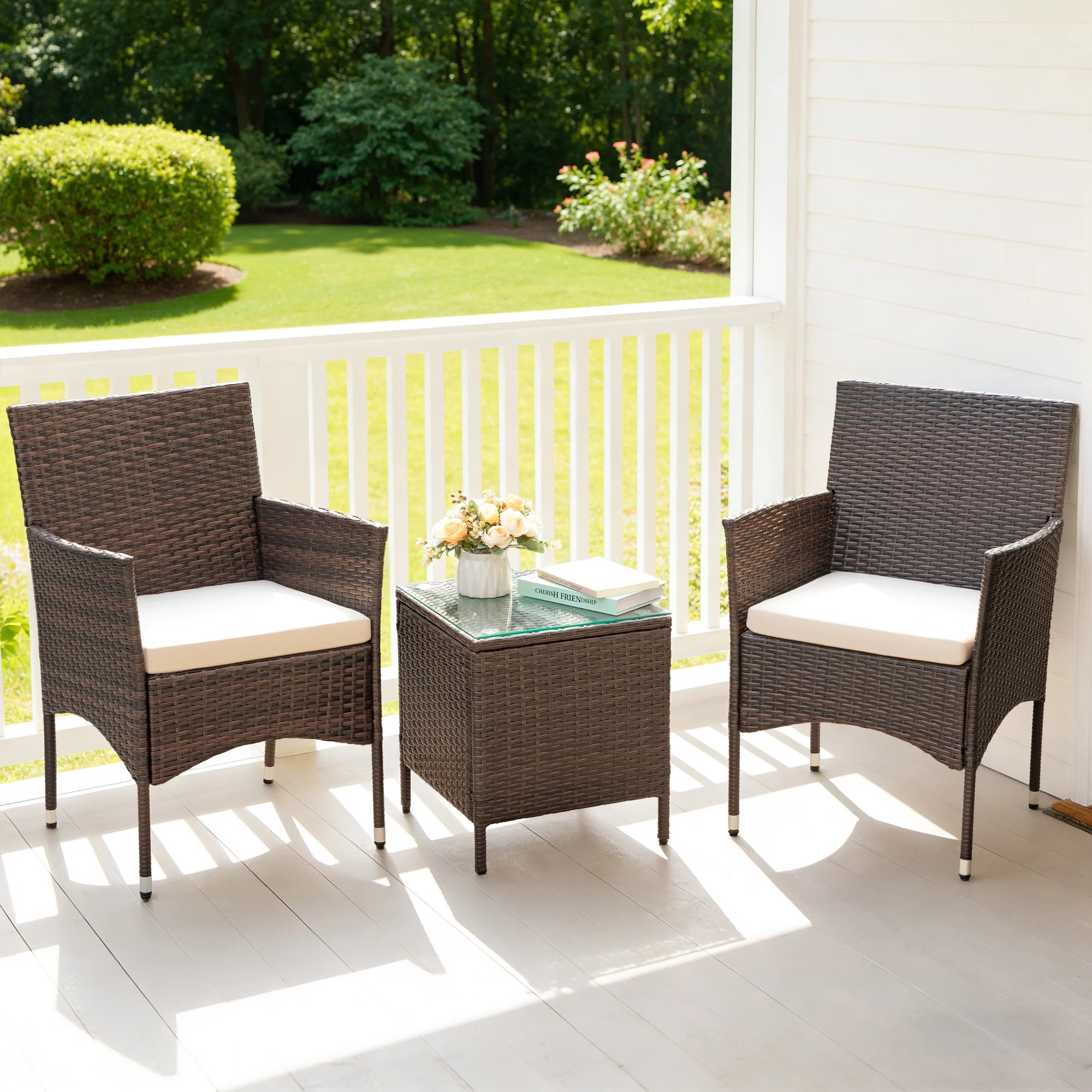 Walnew 3 PCS Outdoor Patio Furniture PE Rattan Wicker Table and Chairs Set Bar Set with Cushioned Tempered Glass (Brown/Beige) | Walmart (US)