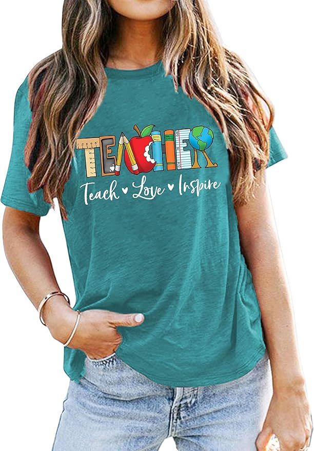Teach T Shirt for Women Teacher Graphic Tees Tops Teach Inspire Letter Print Shirts Tops | Amazon (US)