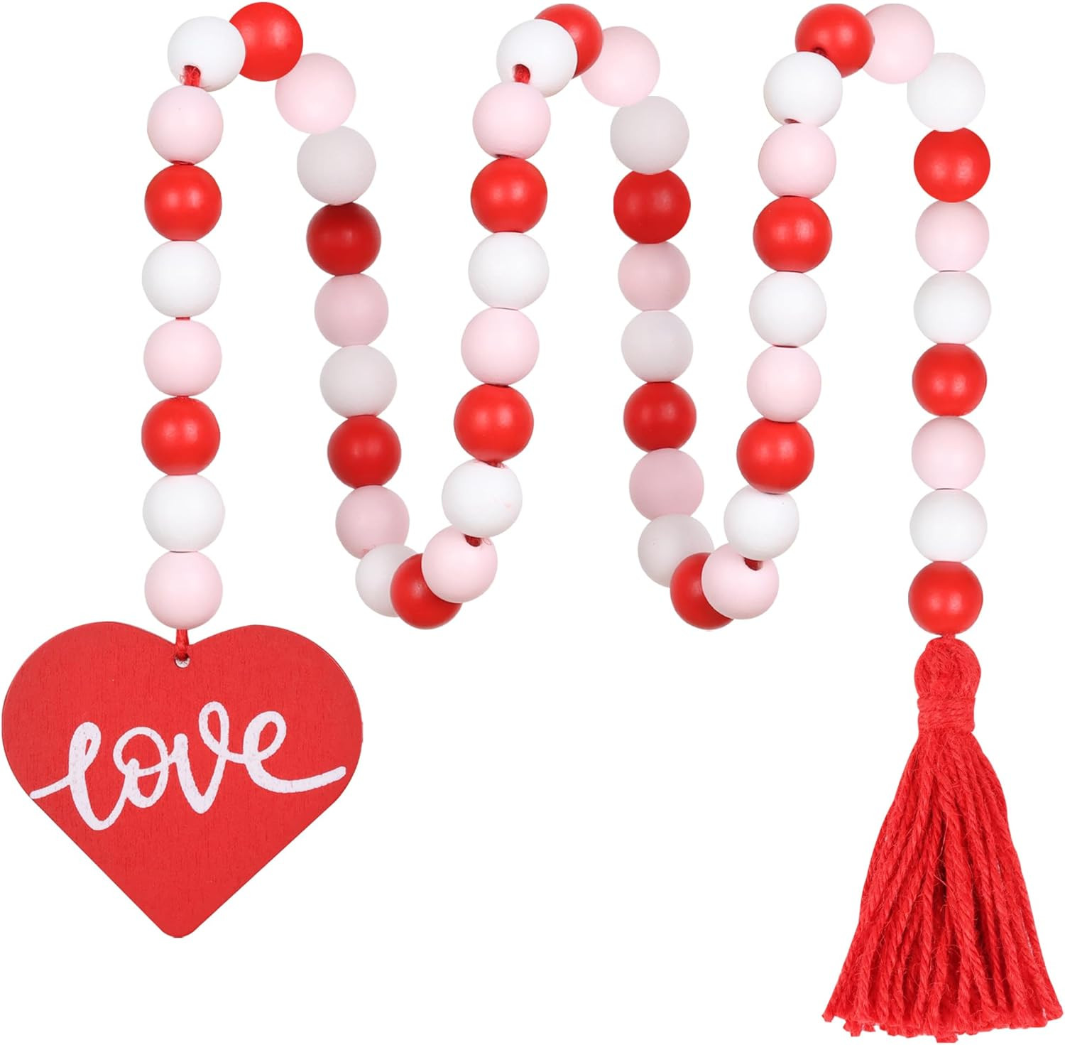 Valentine's Day Wood Beaded Garland with Tassel, Valentines Day Decor Farmhouse Rustic Beads Garl... | Amazon (US)