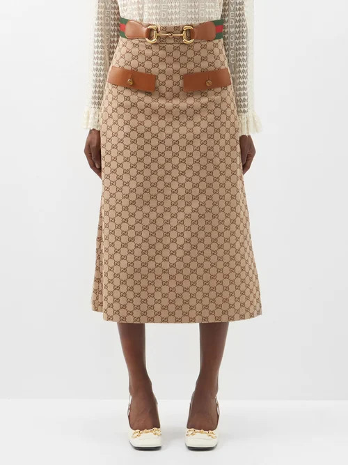 Gucci - GG-jacquard Horsebit Cotton-blend Midi Skirt - Womens - Camel | Matches (US)
