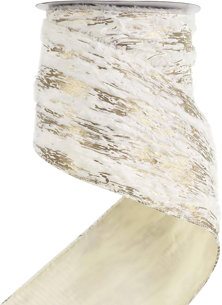 HUIHUANG Ivory Christmas Ribbon 4 Inch Wired Faux Fur With Metallic Gold Birch - Gold and Ivory f... | Amazon (US)
